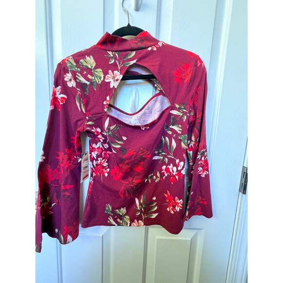 GUESS Floral Mock Neck Cutout Top Long Sleeve Stretch Burgundy Red Size M - Picture 7 of 12